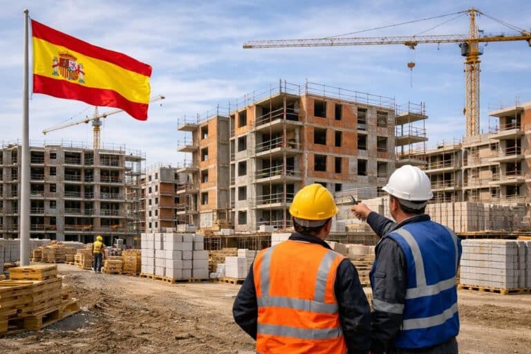 Bouwplaats met appartementen in aanbouw in Spanje, met kranen, bouwmaterialen en twee bouwvakkers op de voorgrond.
