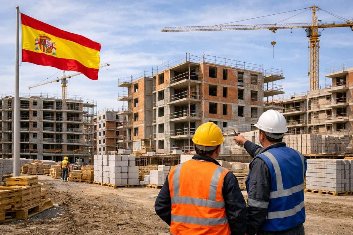 Bouwplaats met appartementen in aanbouw in Spanje, met kranen, bouwmaterialen en twee bouwvakkers op de voorgrond.
