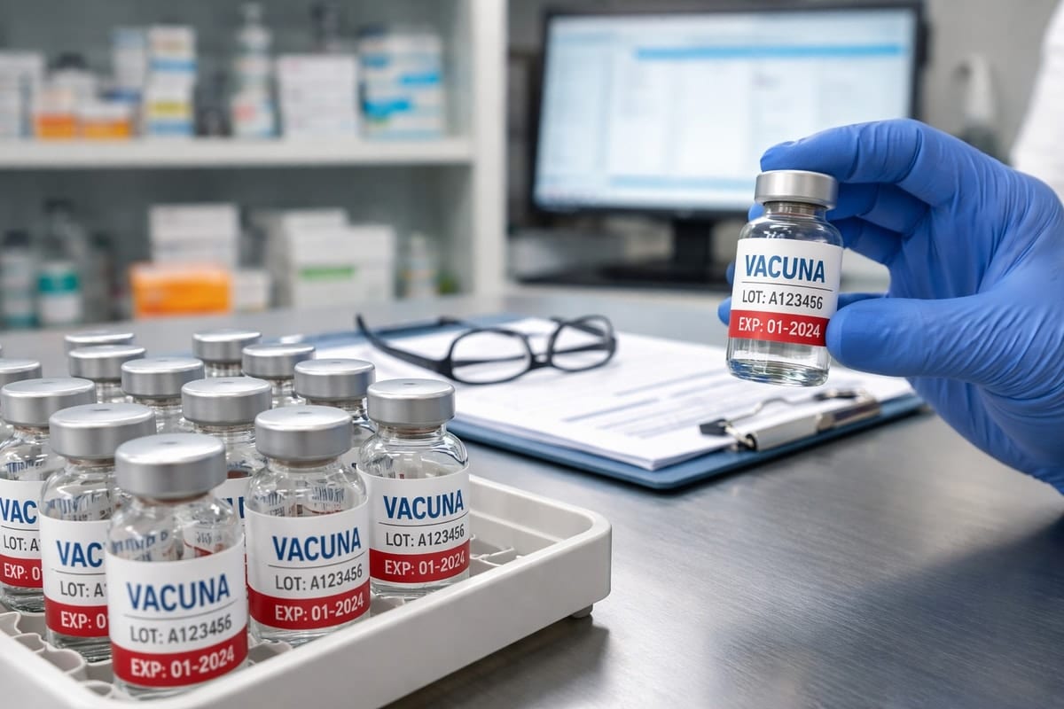 Handschoenhand houdt een vaccinflacon vast met zichtbare houdbaarheidsdatum, op een werktafel met meerdere vaccinflacons in een medische opslagruimte.