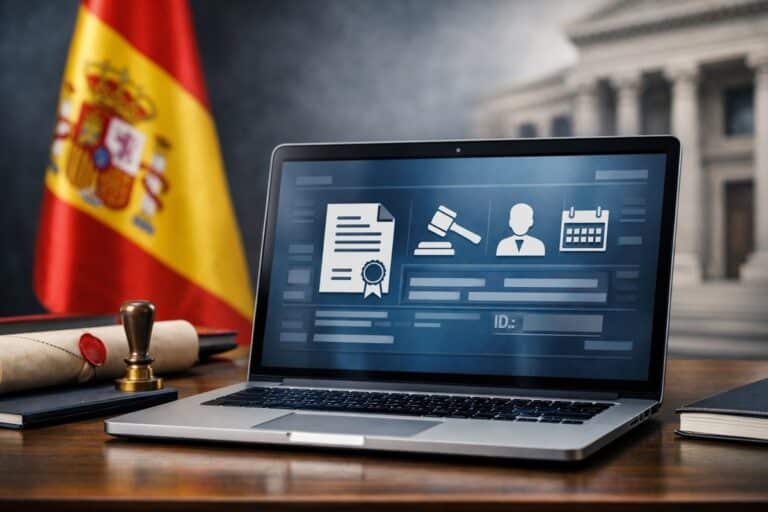 Laptop op bureau met een digitale interface voor justitiële documenten, met op de achtergrond een Spaanse vlag en een overheidsgebouw.