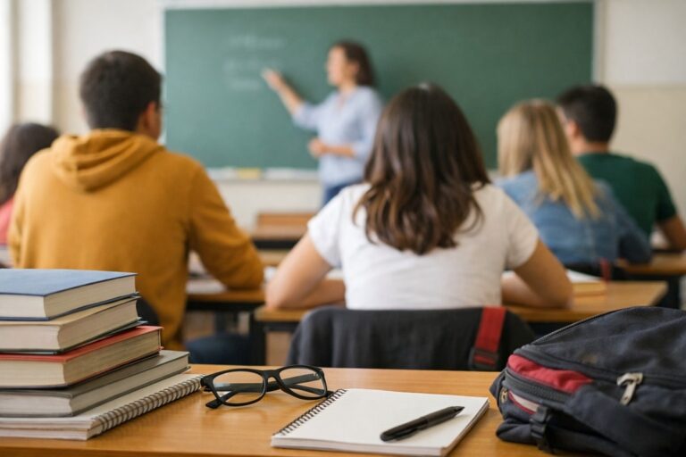 Leerlingen zitten in een klaslokaal terwijl een docent lesgeeft voor een schoolbord; op de voorgrond liggen boeken, een notitieblok en een pen.