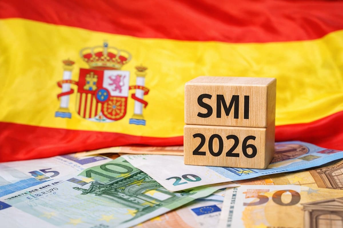 Euromunten en eurobiljetten met op de achtergrond de Spaanse vlag en houten blokken met de tekst ‘SMI 2026’.