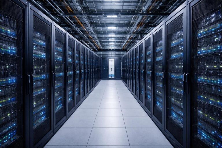 Rijen serverkasten in een modern datacenter met verlichte apparatuur en bekabeling.
