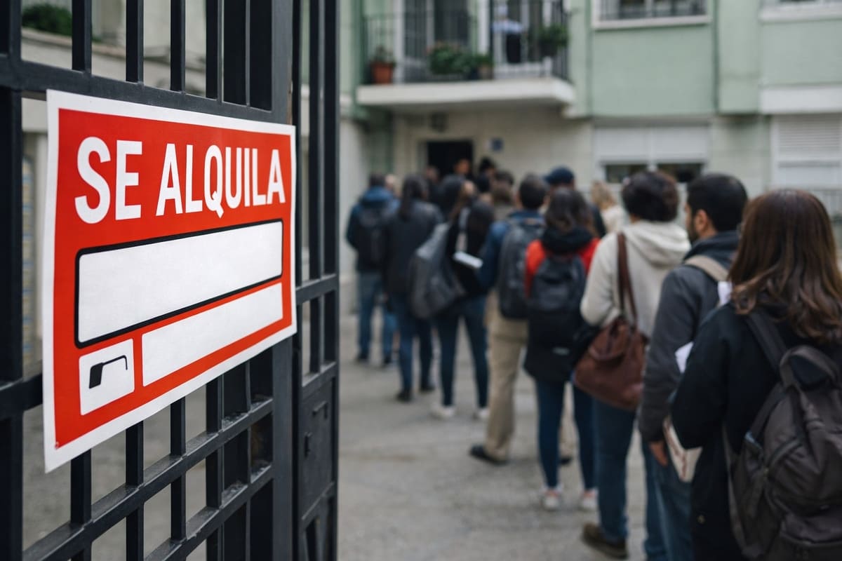 Rood-wit bord met de tekst ‘Se alquila’ (Te huur) aan een hek, met op de achtergrond een rij mensen voor een appartementencomplex.