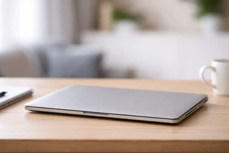 Gesloten zilverkleurige laptop op houten bureau met onscherpe achtergrond