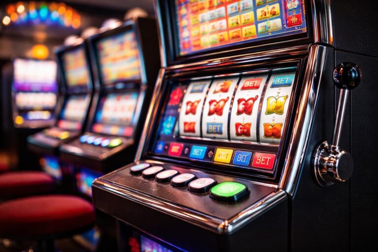 Gokautomaat met verlichte knoppen en digitaal scherm in een speelhal.