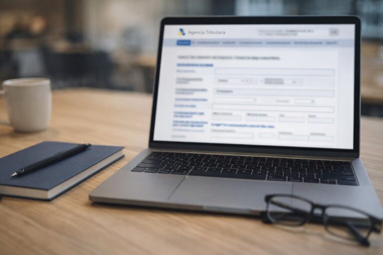 Laptop op een bureau met een onscherpe online formulierpagina van de Spaanse belastingdienst, naast een notitieboek en pen.