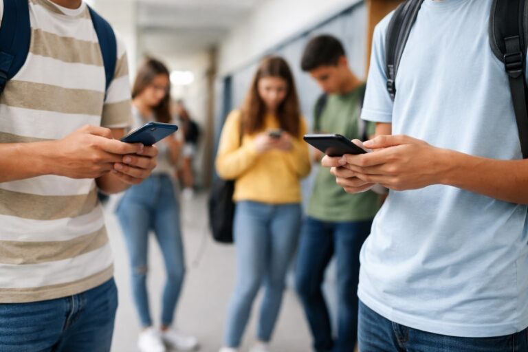 Leerlingen staan in een schoolgang en kijken op hun smartphones; alleen handen, rugzakken en bovenlichamen zijn zichtbaar, geen gezichten.