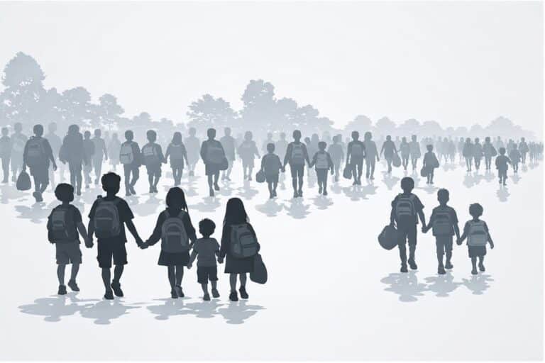 Monochrome illustratie van silhouetten van kinderen en jongeren die in een groep lopen met rugzakken.