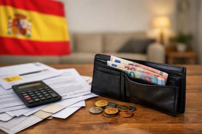 Portemonnee met eurobiljetten en munten op tafel naast een rekenmachine en papieren.