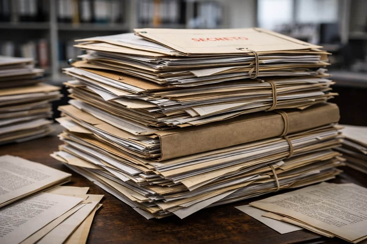 Stapels oude dossiermappen en losse papieren op houten tafel.