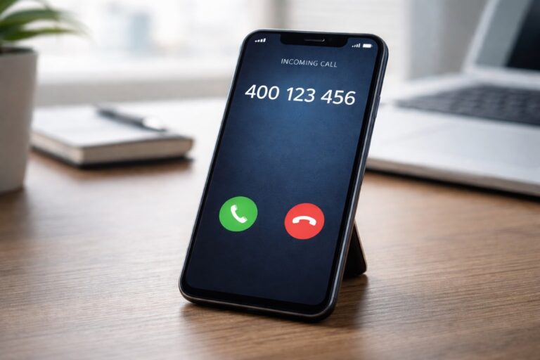 Smartphone met inkomende oproep van het nummer 400 123 456 op het scherm.