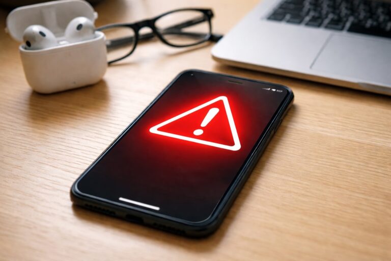 Smartphone met rood waarschuwingsicoon op het scherm ligt op een bureau.