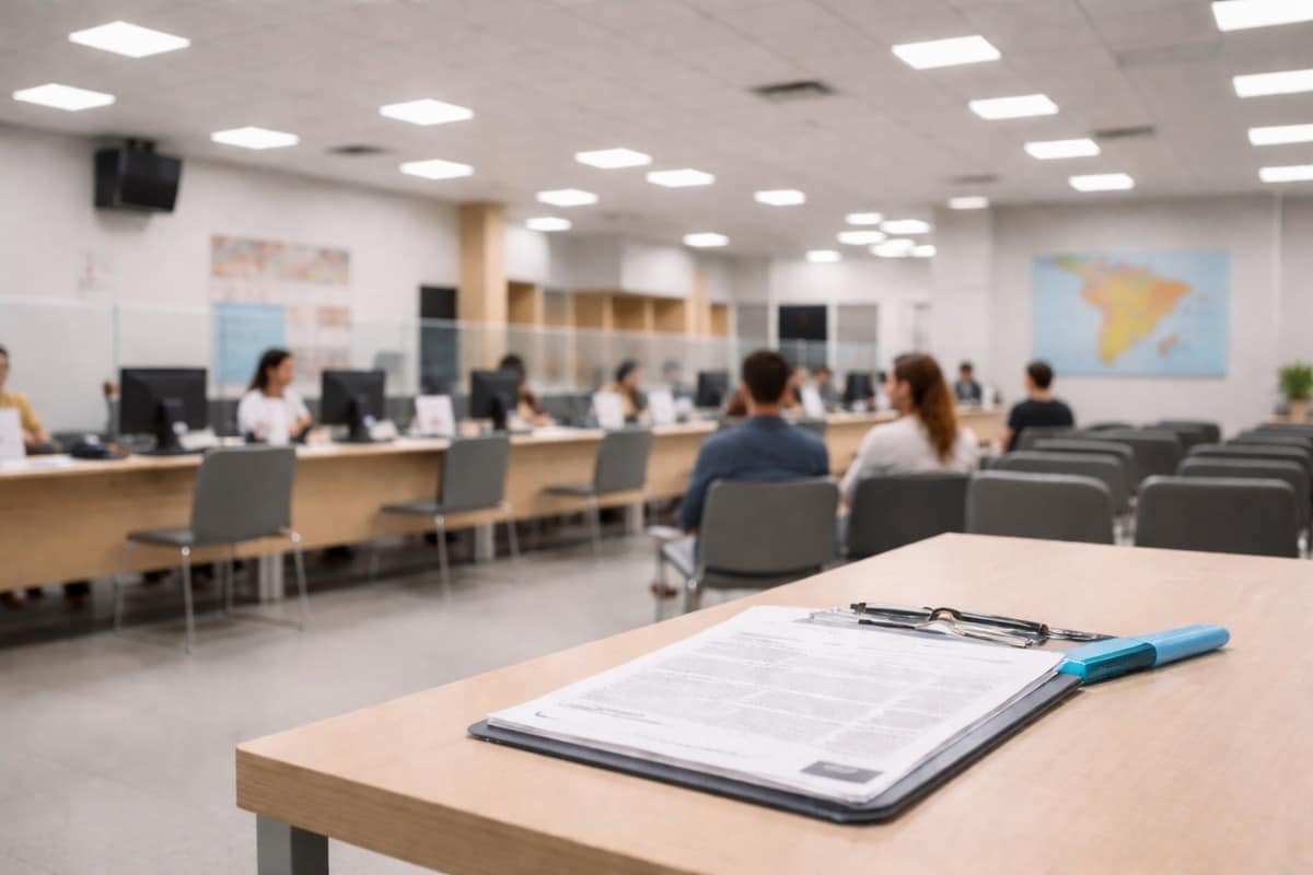 Wachtruimte van overheidskantoor met balies, stoelen en bureau met documenten op de voorgrond