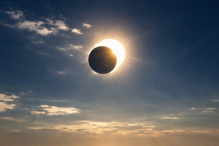 Gedeeltelijke zonsverduistering zichtbaar aan een blauwe hemel met lichte bewolking
