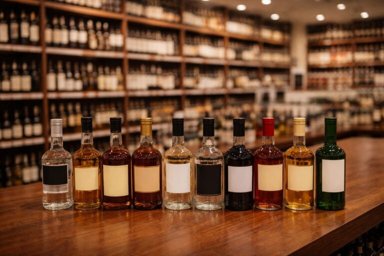 Geordende selectie alcoholflessen op een houten toonbank in een gespecialiseerde slijterij