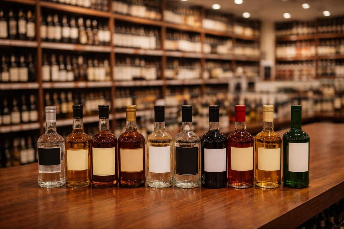 Geordende selectie alcoholflessen op een houten toonbank in een gespecialiseerde slijterij