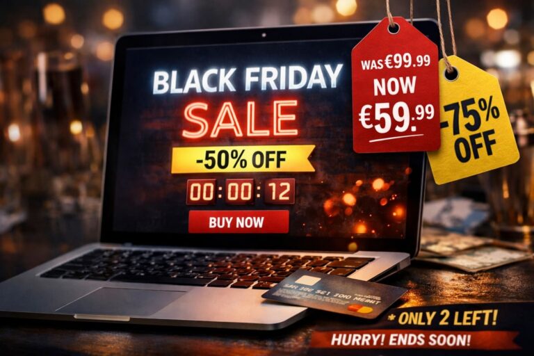 Black Friday-aanbieding op laptop met kortingspercentage en afteltimer