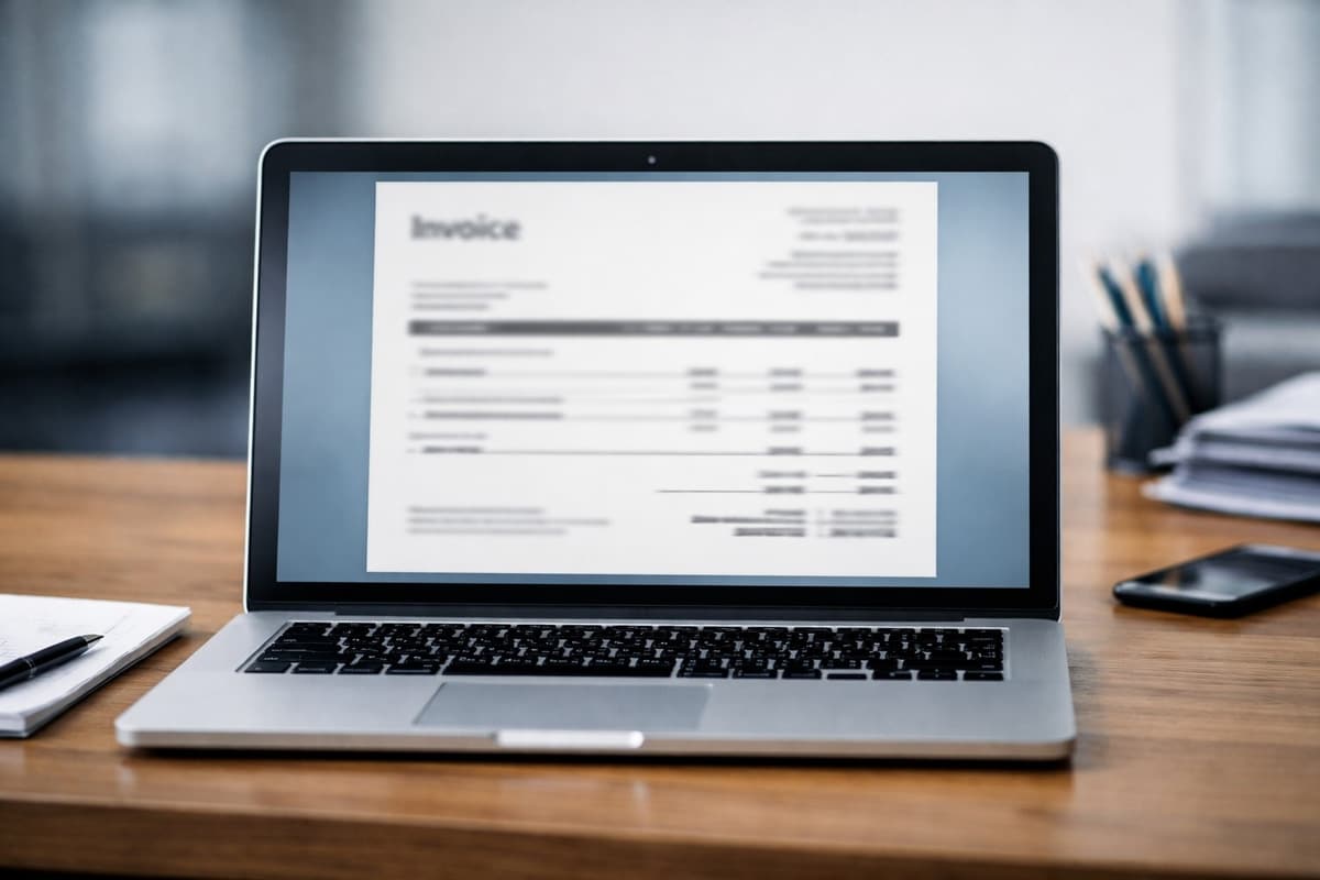 Laptop met onscherpe digitale factuur op scherm op bureau in kantooromgeving