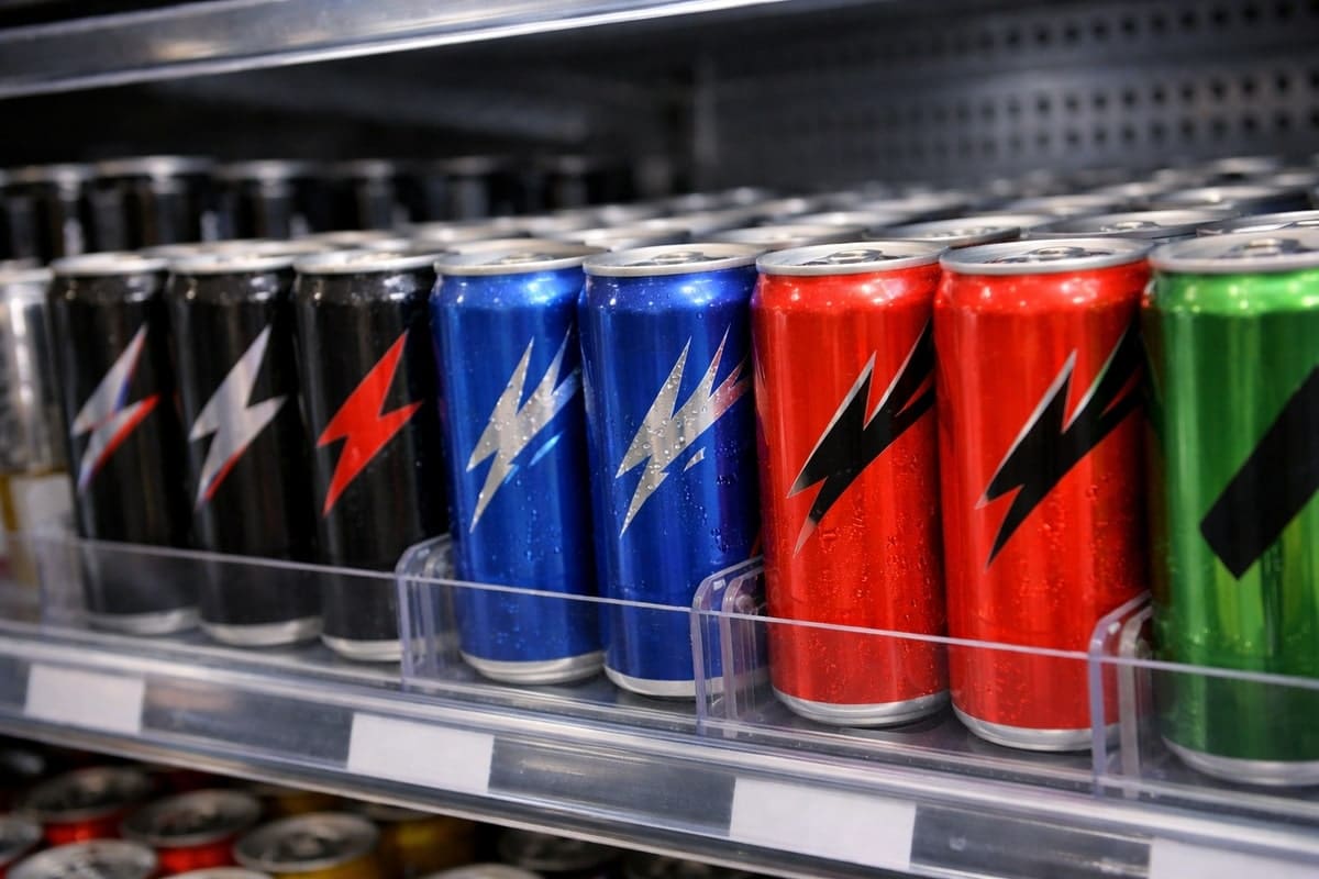 Blikjes energiedrank in koeling van supermarkt