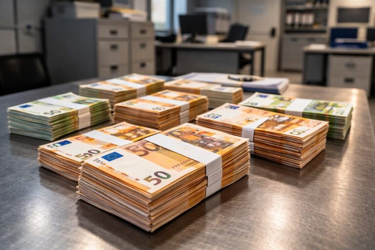 Stapels eurobankbiljetten op metalen tafel