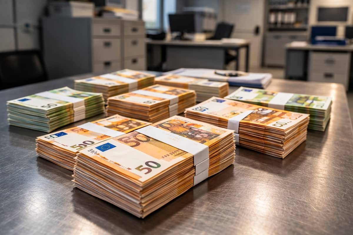 Stapels eurobankbiljetten op metalen tafel
