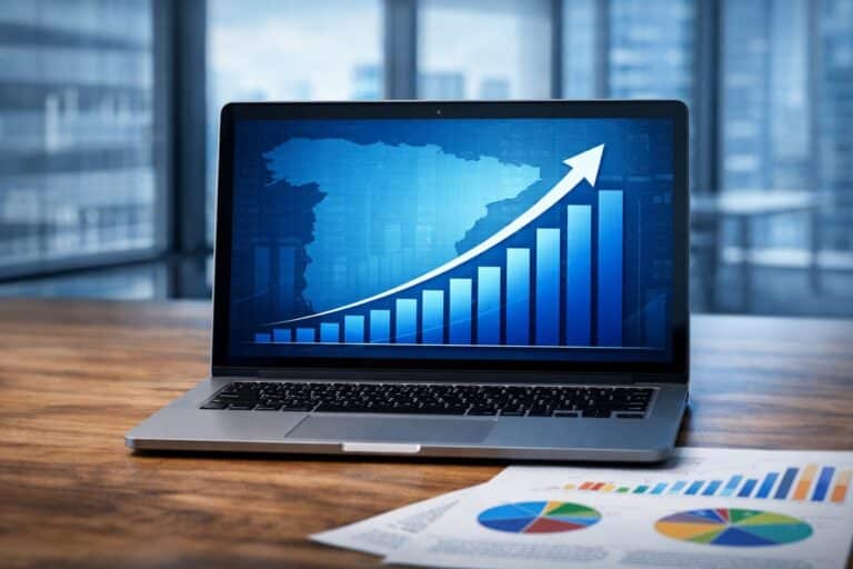 Laptop op bureau in modern kantoor met groeigrafiek en financiële rapporten met taartdiagrammen