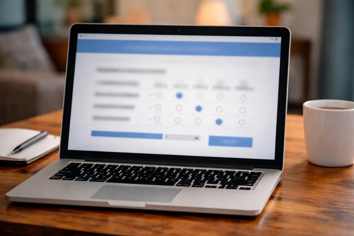 Laptop op tafel met onscherpe online enquête op het scherm