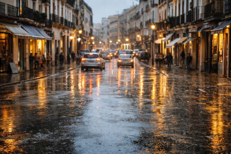Natte straat in een stad met auto’s en reflecties van straatverlichting op nat asfalt