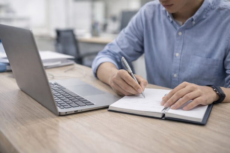 Persoon schrijft in notitieboek naast laptop aan bureau