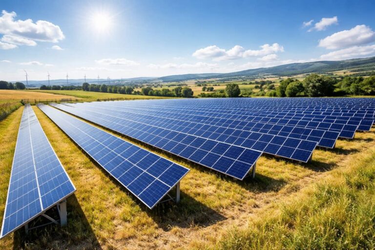 Rijen zonnepanelen op een veld onder een heldere blauwe lucht