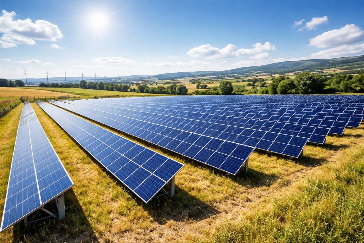 Rijen zonnepanelen op een veld onder een heldere blauwe lucht