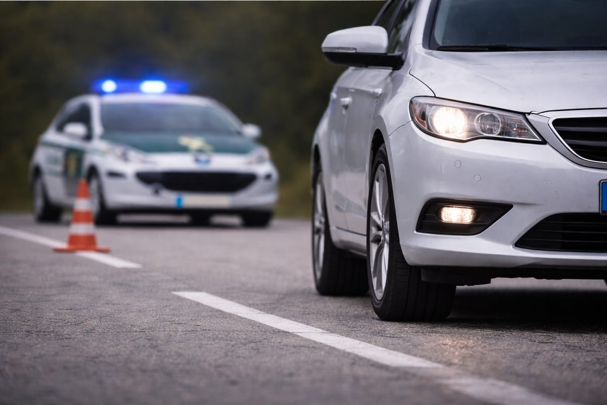 Witte personenauto op de voorgrond op een tweebaansweg met een Guardia Civil-politieauto met blauwe zwaailichten en een verkeerskegel op de achtergrond