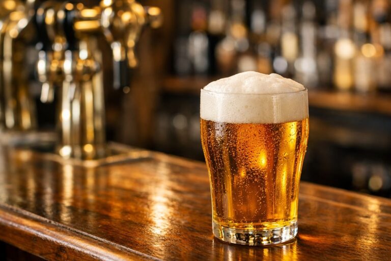 Vers getapt glas bier met schuimkraag op een bar met biertap op de achtergrond