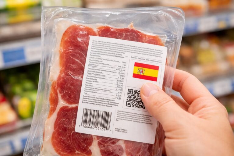 Hand houdt verpakking met plakjes ham en productetiket in supermarkt