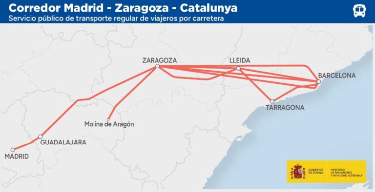 Kaart van de nieuwe busverbinding tussen Madrid, Zaragoza en Catalonië met routes en haltes
