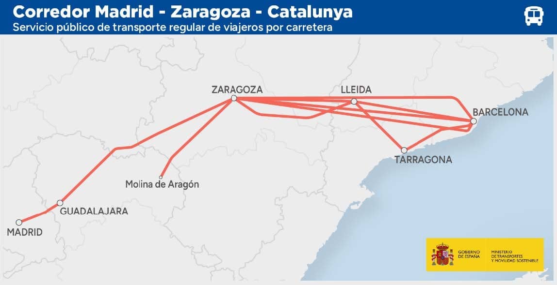 Kaart van de nieuwe busverbinding tussen Madrid, Zaragoza en Catalonië met routes en haltes