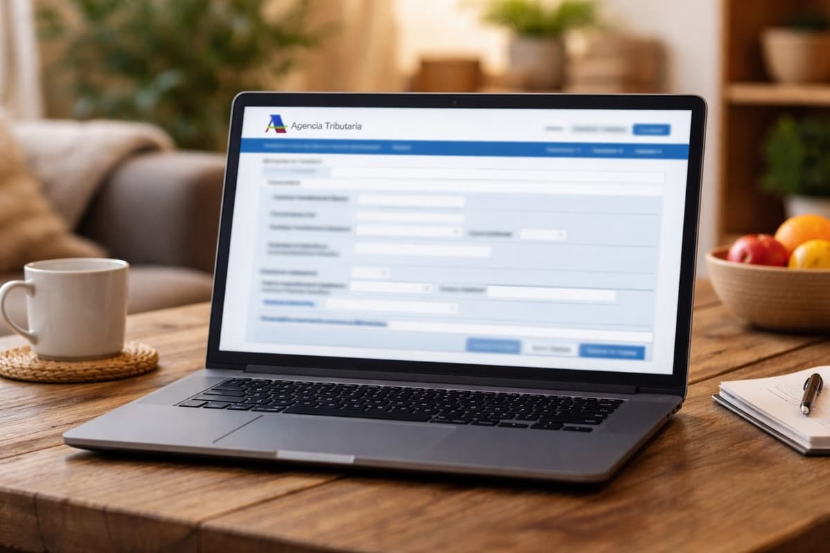 Laptop op houten tafel in een woonkamer met onscherp belastingformulier van de Spaanse Belastingdienst op het scherm