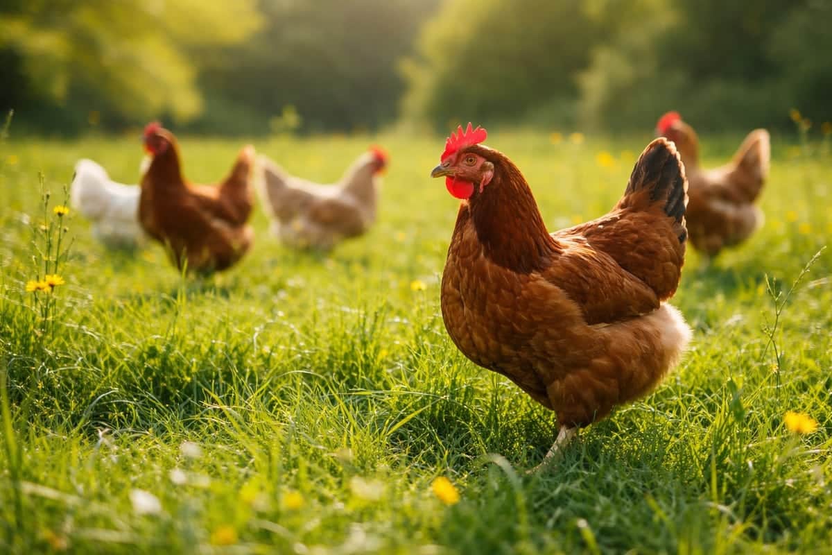Kippen lopen rond in een groen grasveld in de buitenlucht