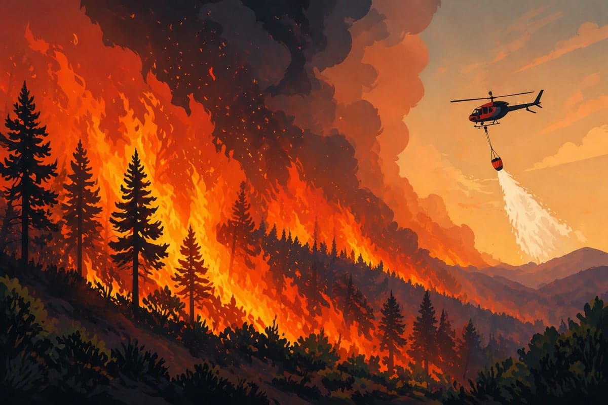 Illustratie van een natuurbrand in een droog landschap met bomen, rook en een blushelikopter die water dropt