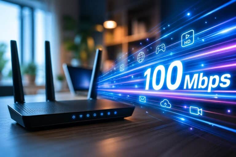 Wifi-router met lichtstrepen die snelle internetverbinding van 100 Mbps visualiseren