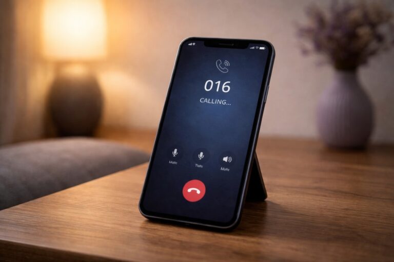 Smartphone met oproepscherm waarop nummer 016 wordt gebeld, geplaatst op een houten tafel