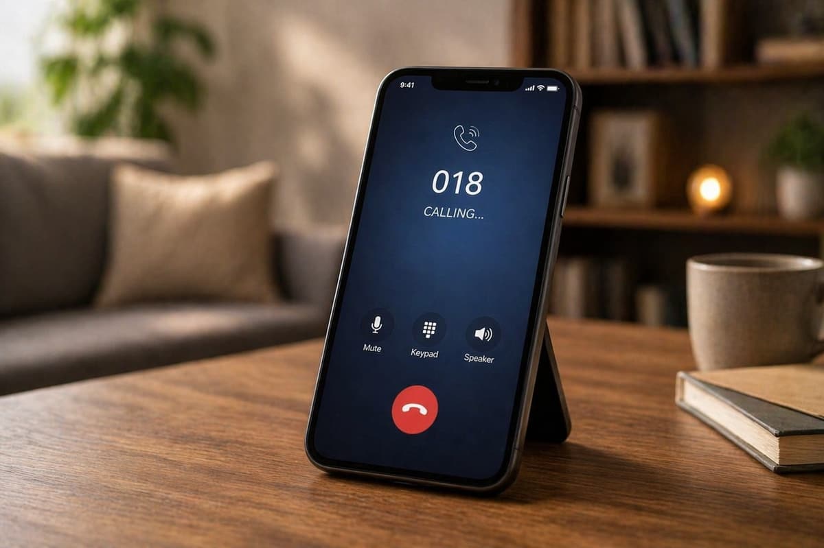 Smartphone op tafel met belscherm waarop nummer 018 wordt gebeld, in een huiselijke omgeving