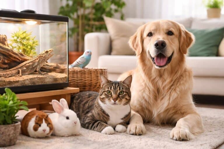 Verschillende huisdieren zoals hond, kat, vogel en reptiel samen in een woonkamer