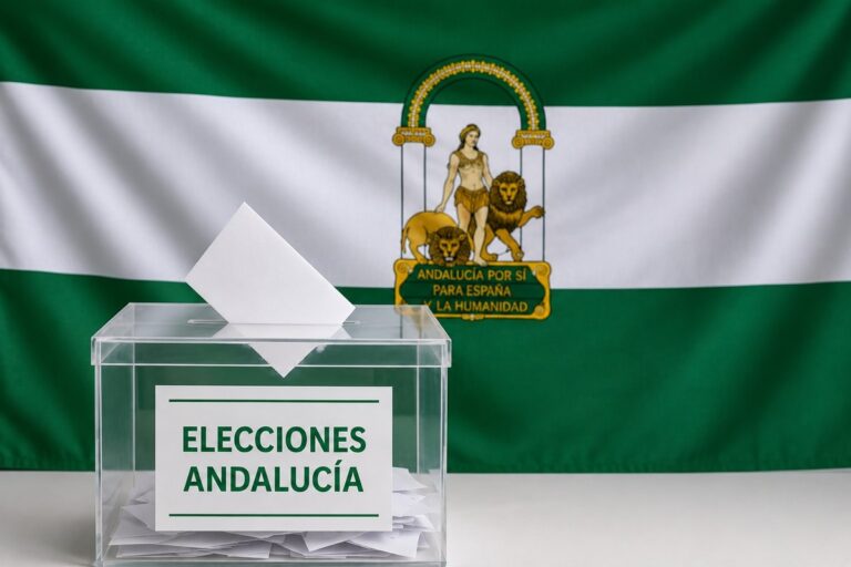 Transparante stembus met stembiljetten voor de Andalusische vlag ter illustratie van de regionale verkiezingen in Andalusië.