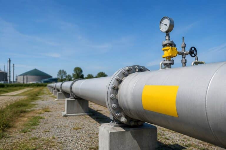 Gasleiding en industriële infrastructuur in landelijk gebied als illustratie van biometaan en hernieuwbaar gas in Spanje.