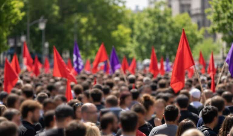 Onscherpe menigte tijdens een demonstratie met rode en paarse vlaggen in een stedelijke omgeving