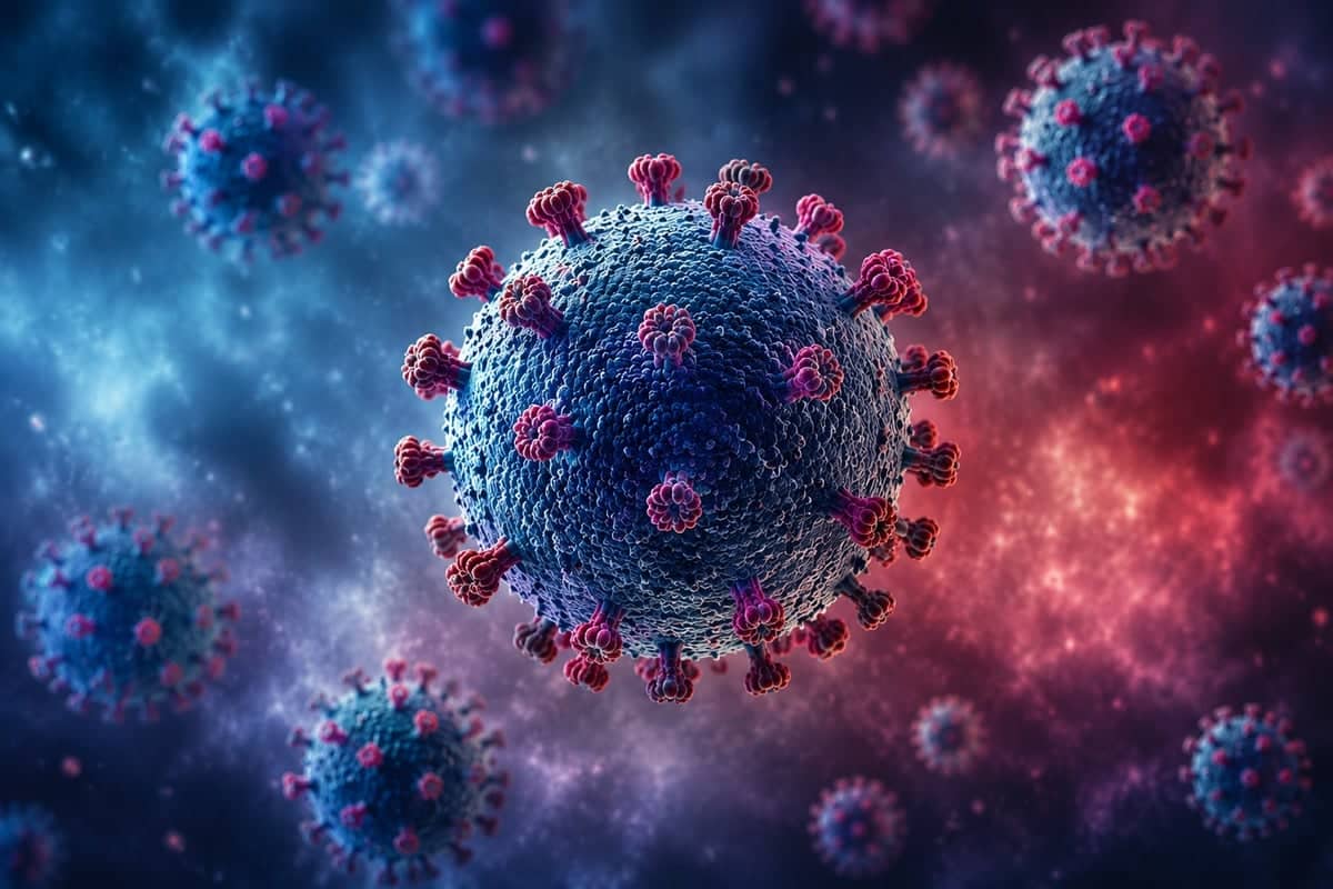 Abstracte illustratie van hantavirusdeeltjes tegen een donkere microscopische achtergrond.