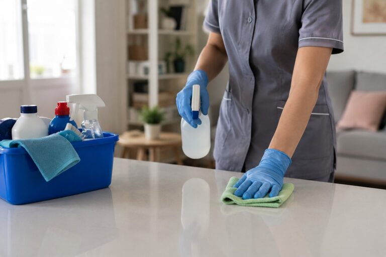 Huishoudhulp maakt een aanrecht schoon in een woning