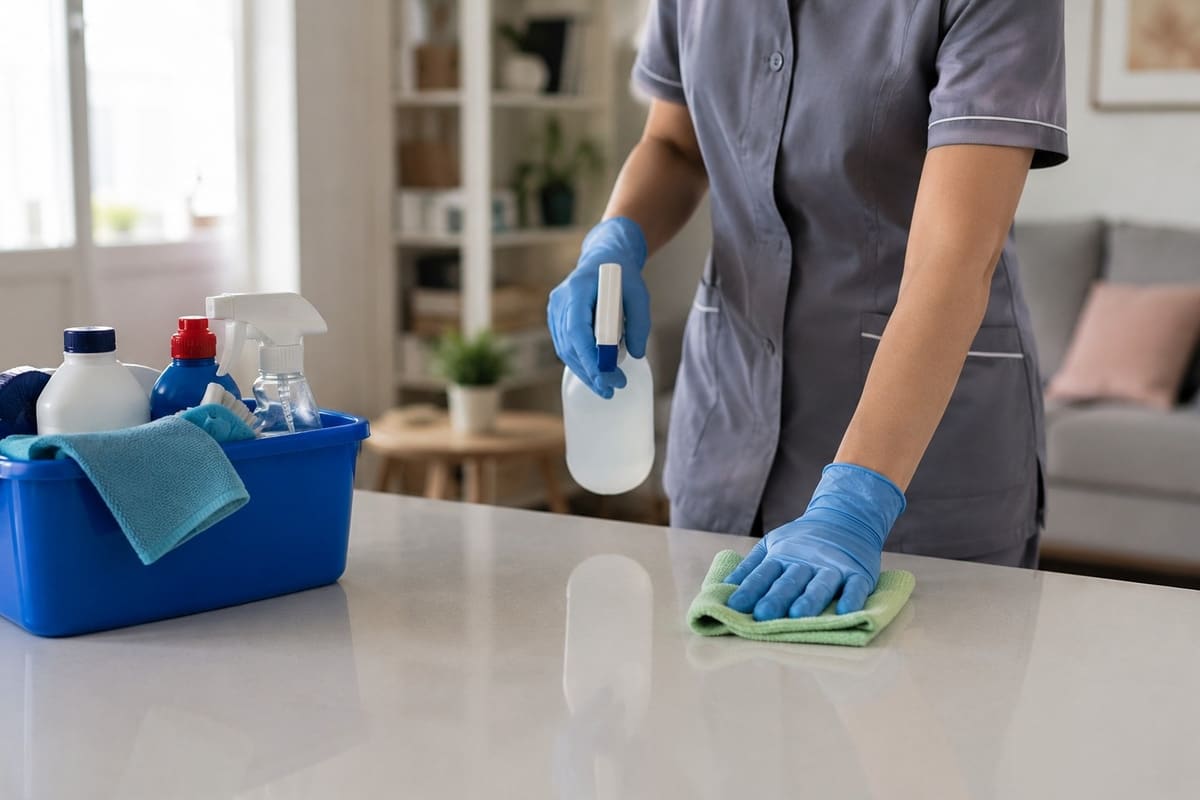 Huishoudhulp maakt een aanrecht schoon in een woning